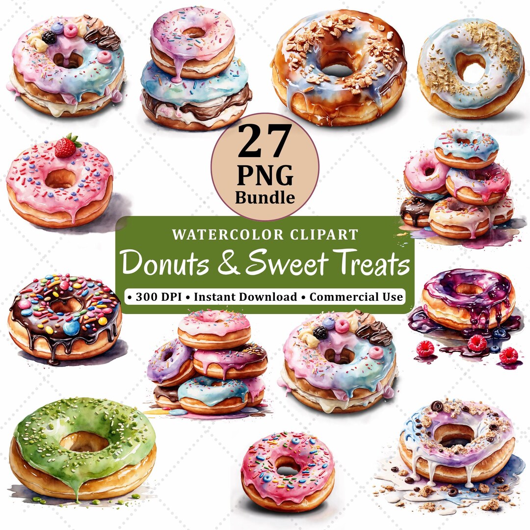 27 Watercolor Donuts Clipart Bundle PNG Sweet Treats Dessert Bakery ...