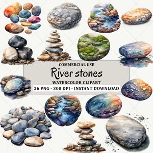 Puede incluir: Clipart de acuarela de piedras de río en varias formas y colores, incluyendo azul, gris, naranja y verde. Algunas piedras están apiladas, y otras presentan escenas de río en miniatura. El texto "River stones" y "Watercolor Clipart" también es visible.