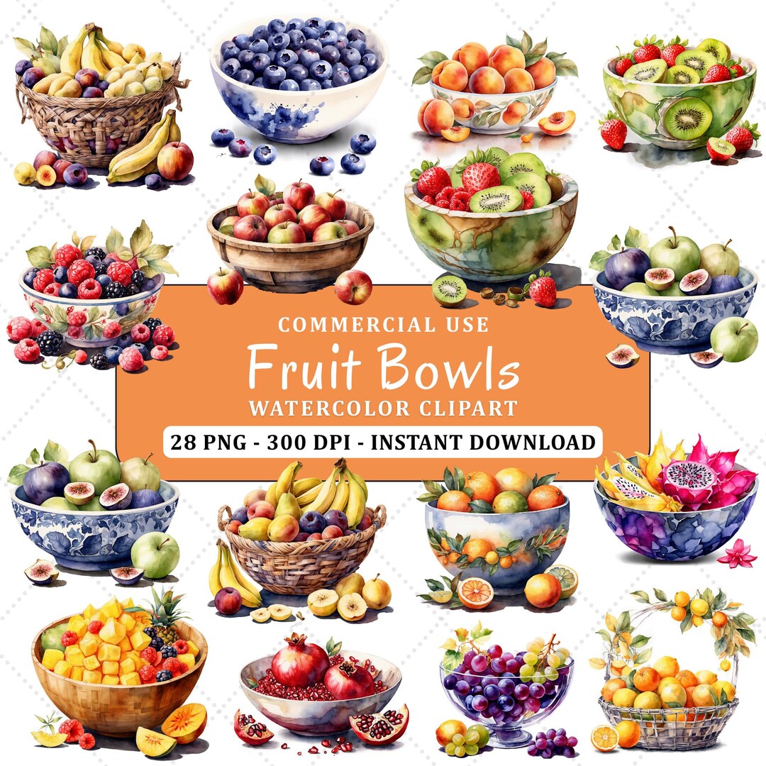 28 Watercolor Fruit Bowls Clipart Bundle, Fruits Basket PNG, Summer ...