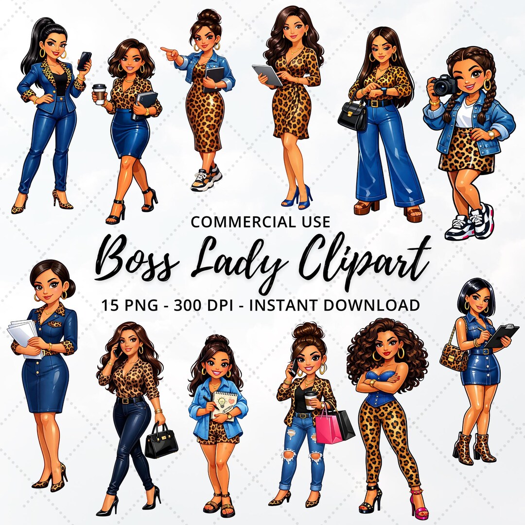 15 Boss Lady Clipart Bundle PNG, Modern Afro Girl Clipart, Denim Girl ...