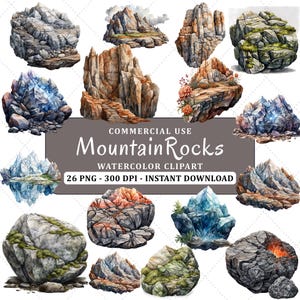 Puede incluir: Conjunto de imágenes prediseñadas de acuarela con varias rocas de montaña en tonos grises, marrones y azules. La imagen incluye una variedad de formaciones rocosas, algunas con vegetación y cristales. El texto de la imagen dice "Mountain Rocks Watercolor Clipart".