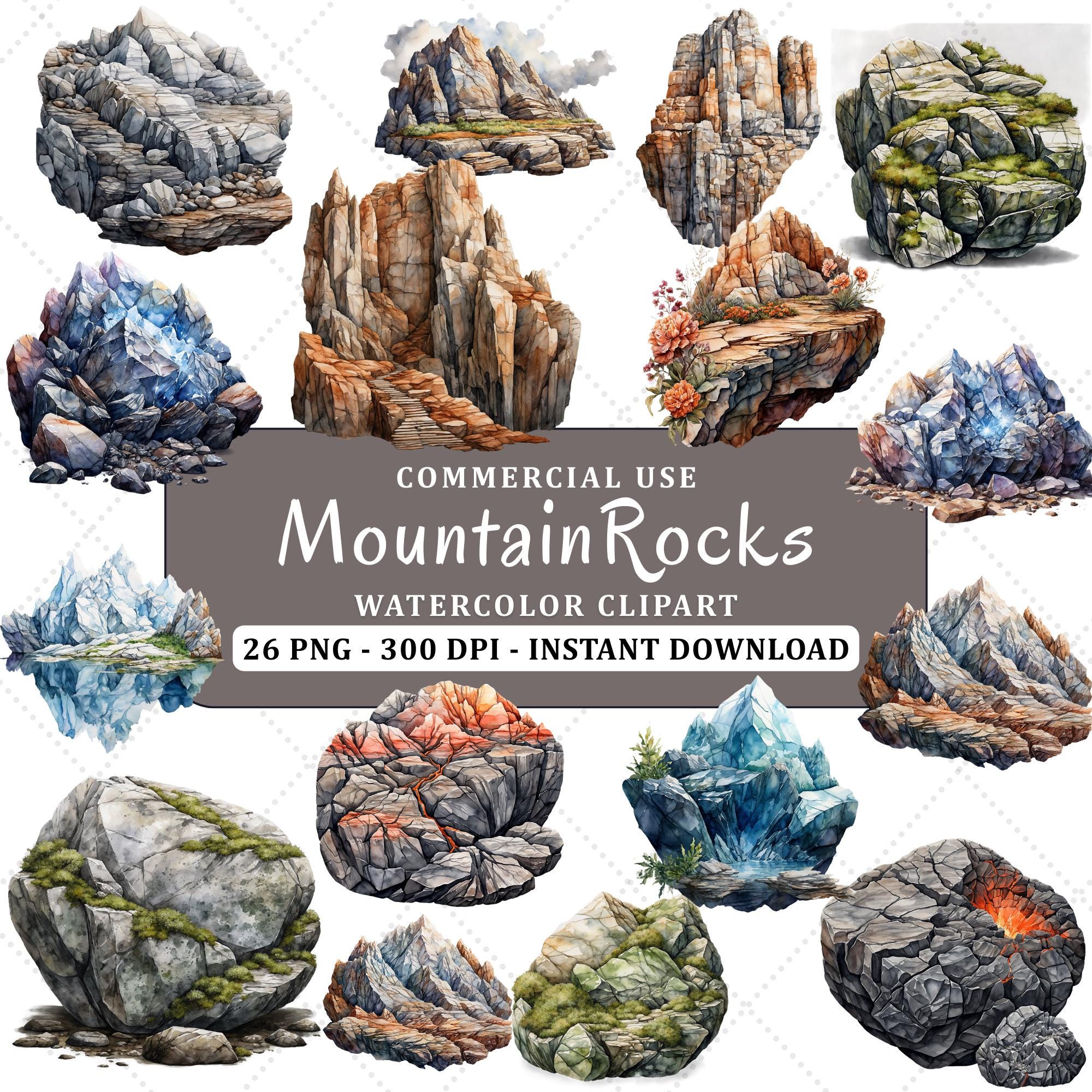 Watercolor Mountain Rocks Clipart Bundle – 26 PNG Rocky Landscapes ...