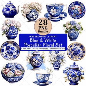 May include: A selection of blue and white porcelain floral designs, including teacups, plates, vases, and a teapot. The designs feature floral patterns and are arranged on a white background. The image includes the text "Blue & White Porcelain Floral Set".