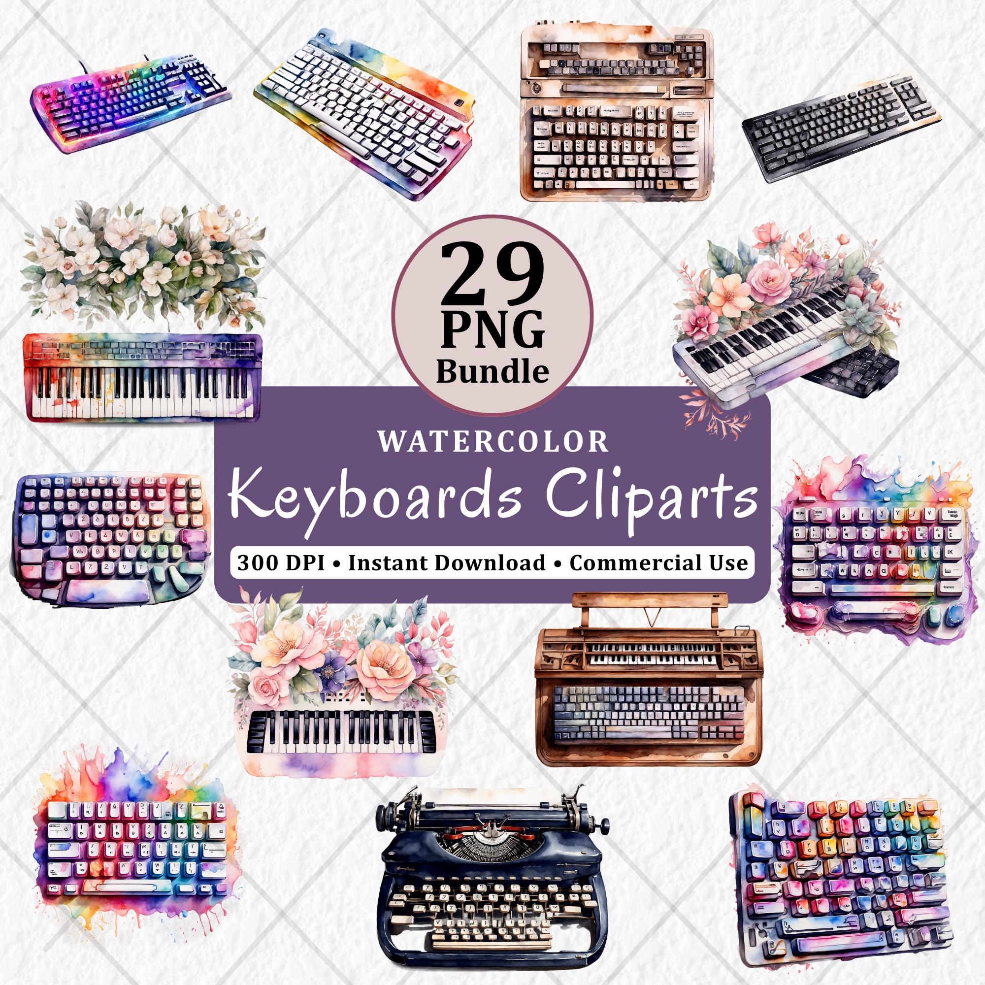 29 Bundle de cliparts clavier aquarelle, clavier gaming RVB PNG, Illustration de claviers d'ordinateur, clipart espace de travail Tech, téléchargement
