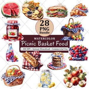 Puede incluir: Ilustraciones en acuarela de alimentos para picnic, que incluyen una sandía en rodajas, una tabla de embutidos, un sándwich, un cruasán, una cesta de frutas, mermelada, una botella de bayas, pan, galletas, un cuenco de bayas, una cesta de frutas, limonada y manzanas. El texto dice "28 PNG Bundle Watercolor Picnic Basket Food".
