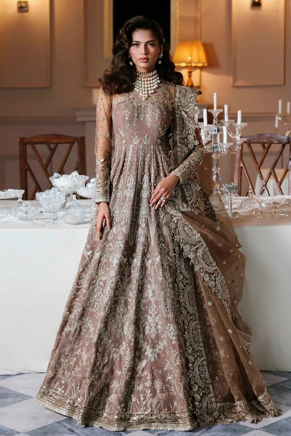 embroidered maxi dress formal Net Embroidered Maxi Dress, Pakistani Wedding Gown, Luxury Bridal Formal Guest Outfit