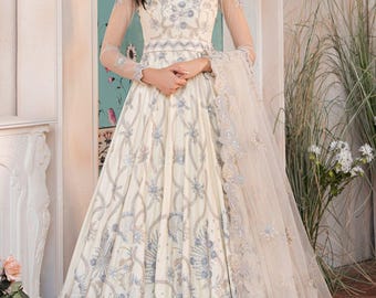Ivory Net Embroidered Maxi Dress | Custom Pakistani Wedding Formal Gown | South Asian Party Wear