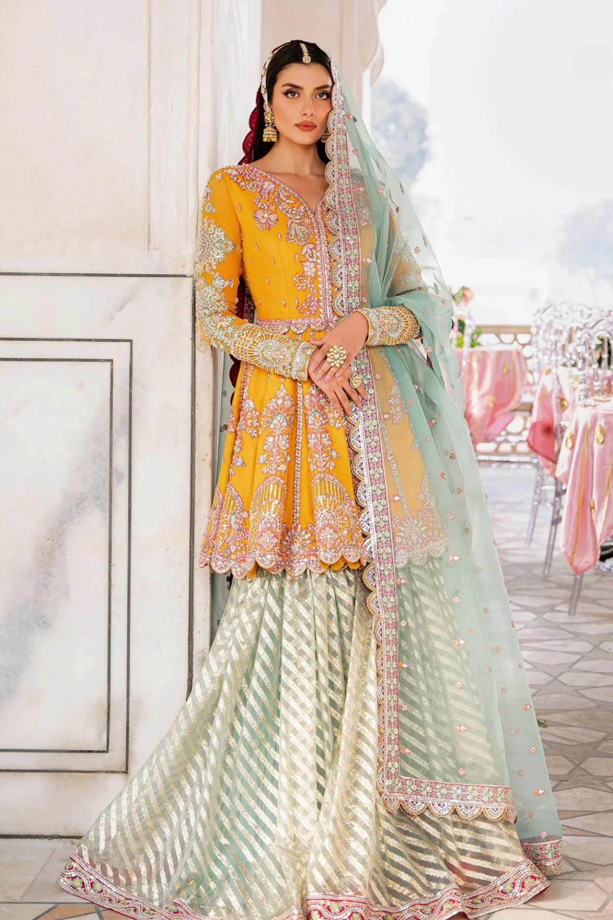 peplum dress india Sky Blue Indian Gown: Net Peplum Top, Organza Palazzo