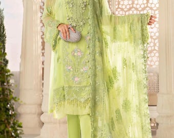 Lime Chiffon Pakistani Suit, Hand-Embroidered Daman, Party Wear