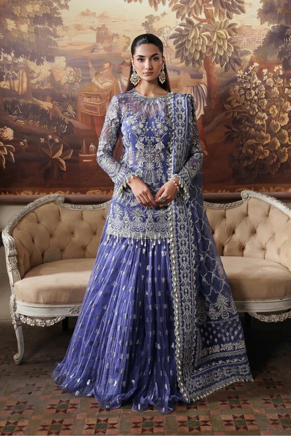 Blue Organza Embroidered Suit | Pakistani Wedding Guest Dress | Custom Stitched Lehenga/Gharara