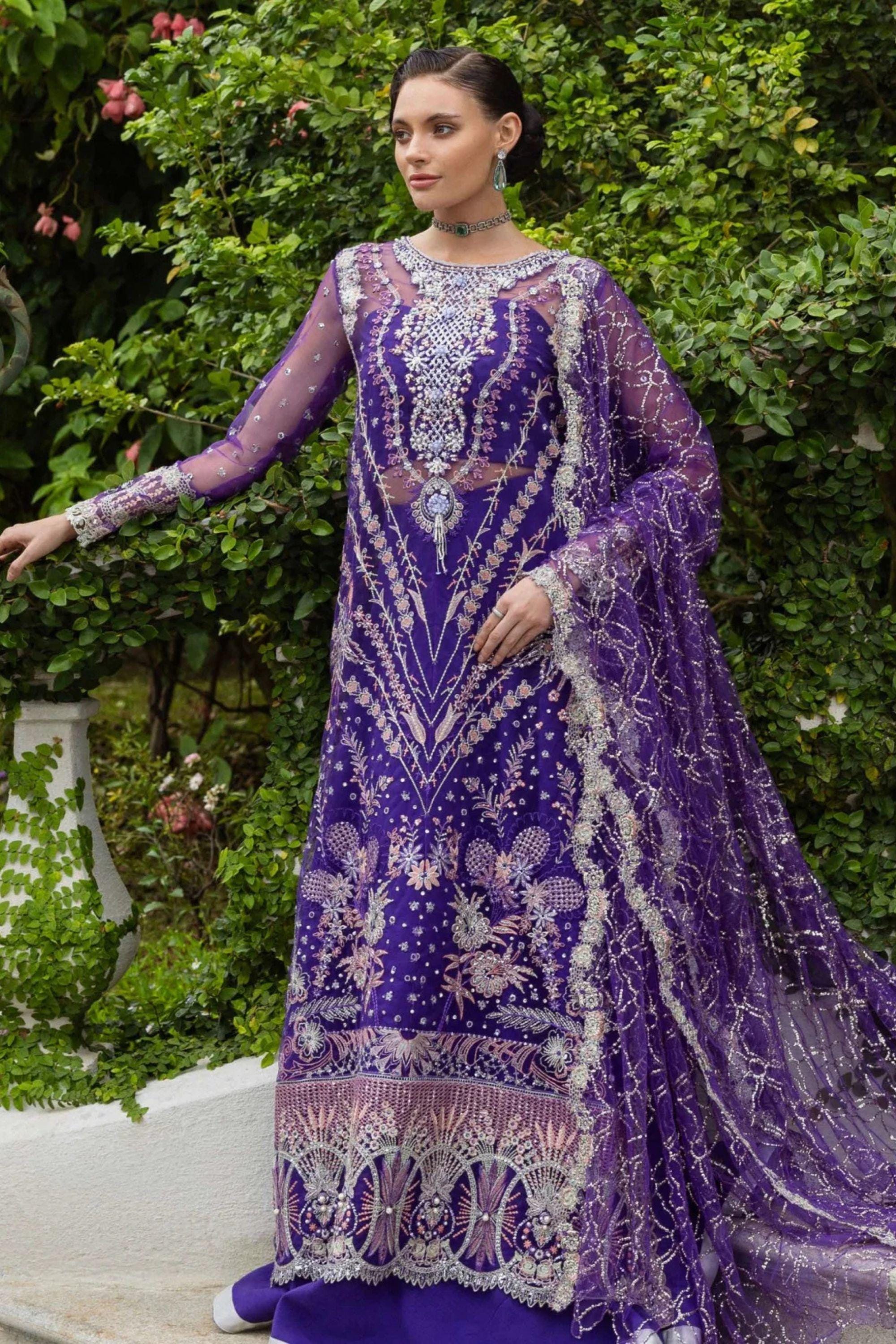 strapless open back dress Purple Satin Silk Sequins & Embroidery Lehenga Choli wit