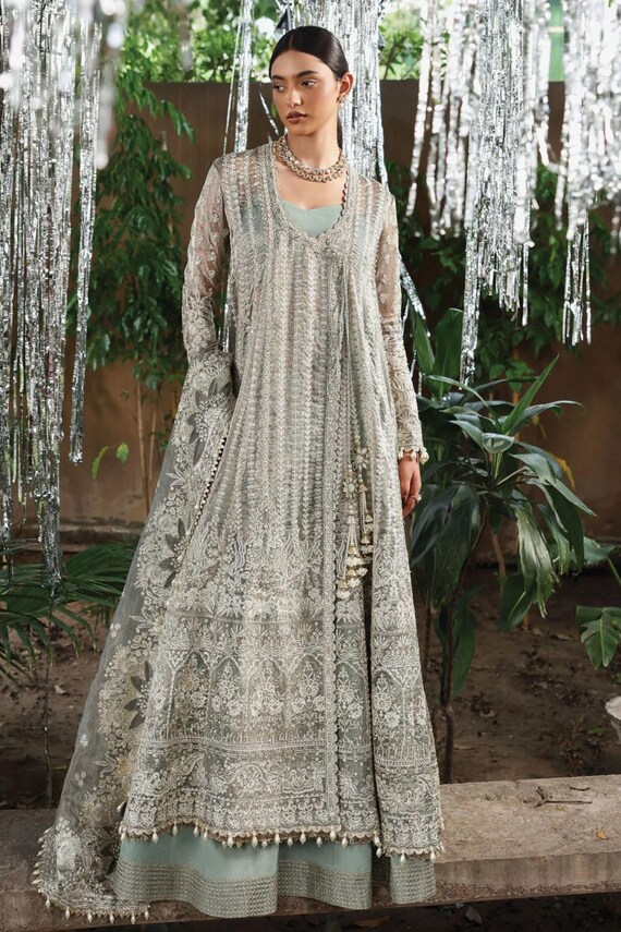 grey asian wedding dress Dusty Pakistani Bridal Lehenga, Embroidered Maxi Dress, South Outfit Style_ruched