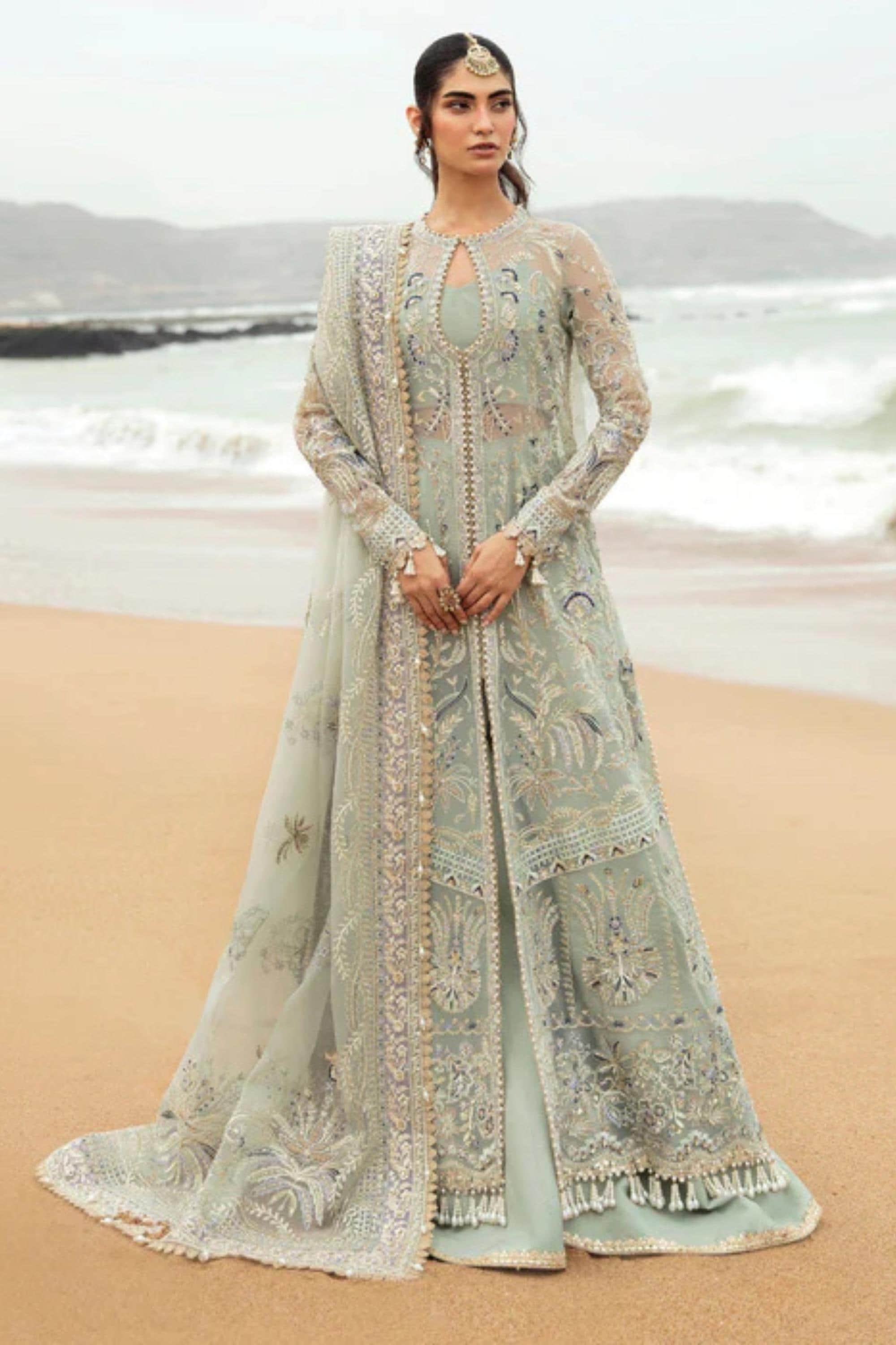 Mint Green Organza Front Open Gown | Pastel Pakistani Walima Dress | Heavy Embroidered Bridal Maxi | Luxury Wedding Guest Outfit