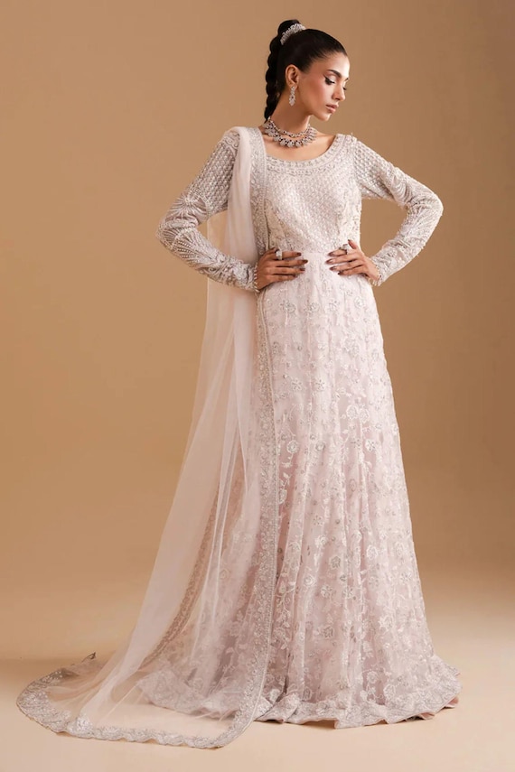 bareeze formal dresses Handmade Embroidered Net Maxi Dress | Lilac Bridal Pishwas price bareeze winter collection