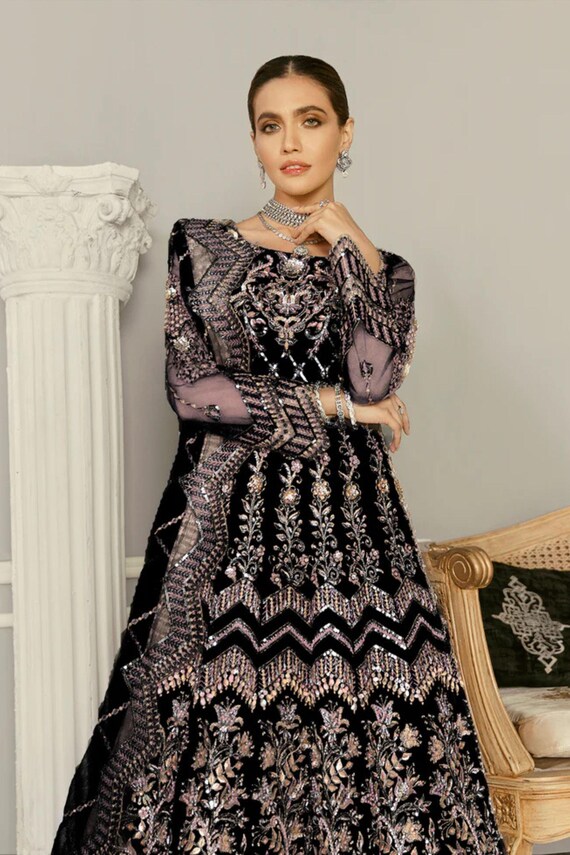 Black Embroidered Maxi Dress, Hand Embellished Net Pakistani Formal Gown, Luxury Evening Dress