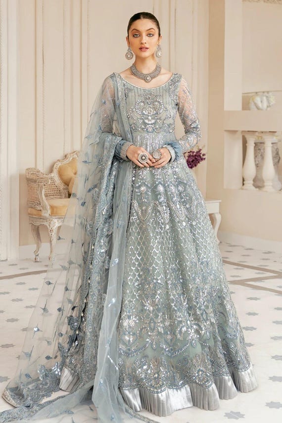 Ice Blue Embroidered Maxi Dress, Pakistani Bridal Walima Gown, Luxury  Reception Outfit
