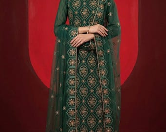 Emerald Green Chikankari Chiffon Salwar Kameez | Pakistani Embroidered Formal Dress | Luxury Party Wear | Wedding Guest Oufit