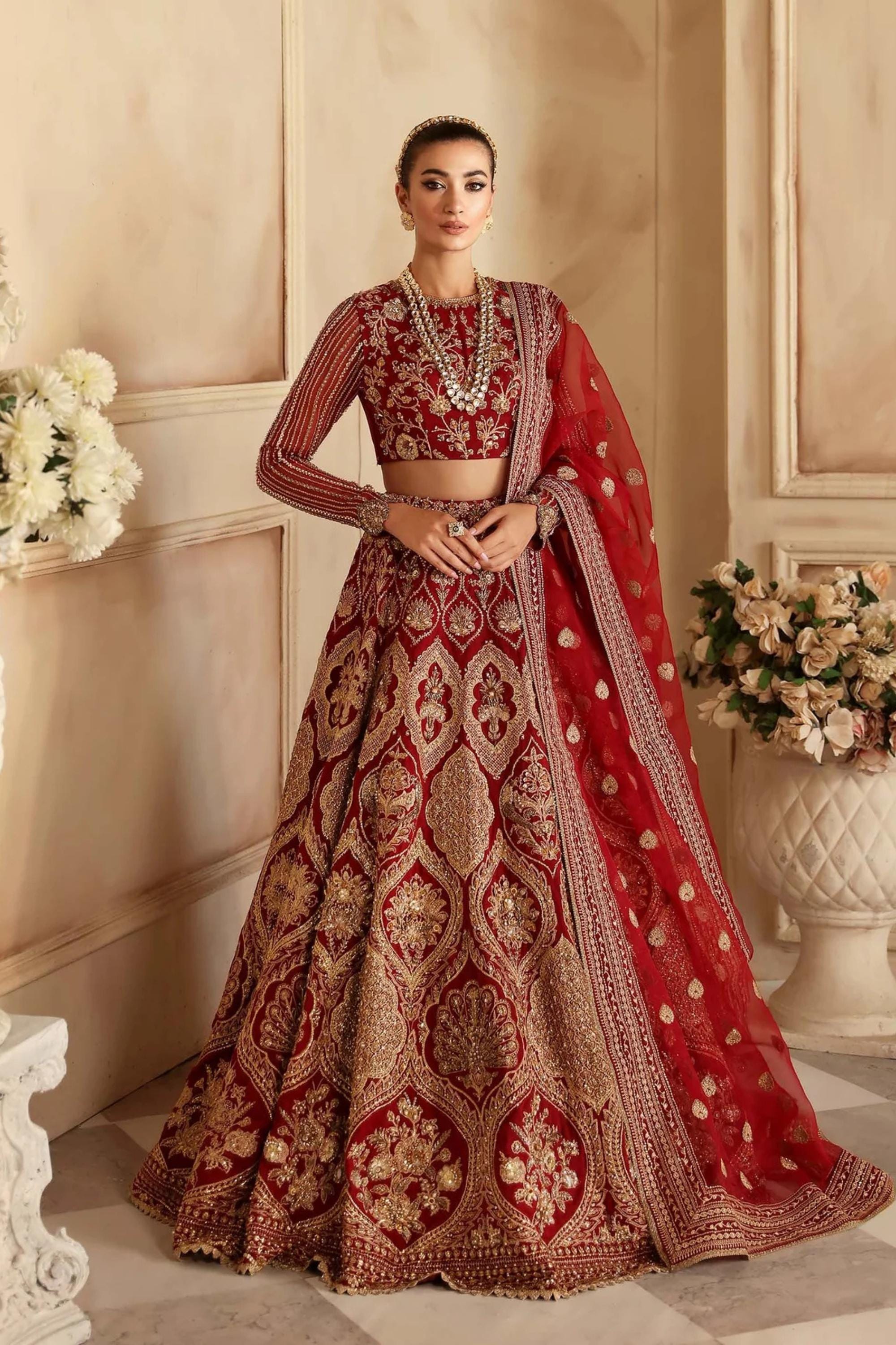 red and golden dress pakistani Red Bridal Traditional Pakistani Wedding Attire Nomi Ansari Red Golden Kameez Lehenga Pakistani Wedding Dresses