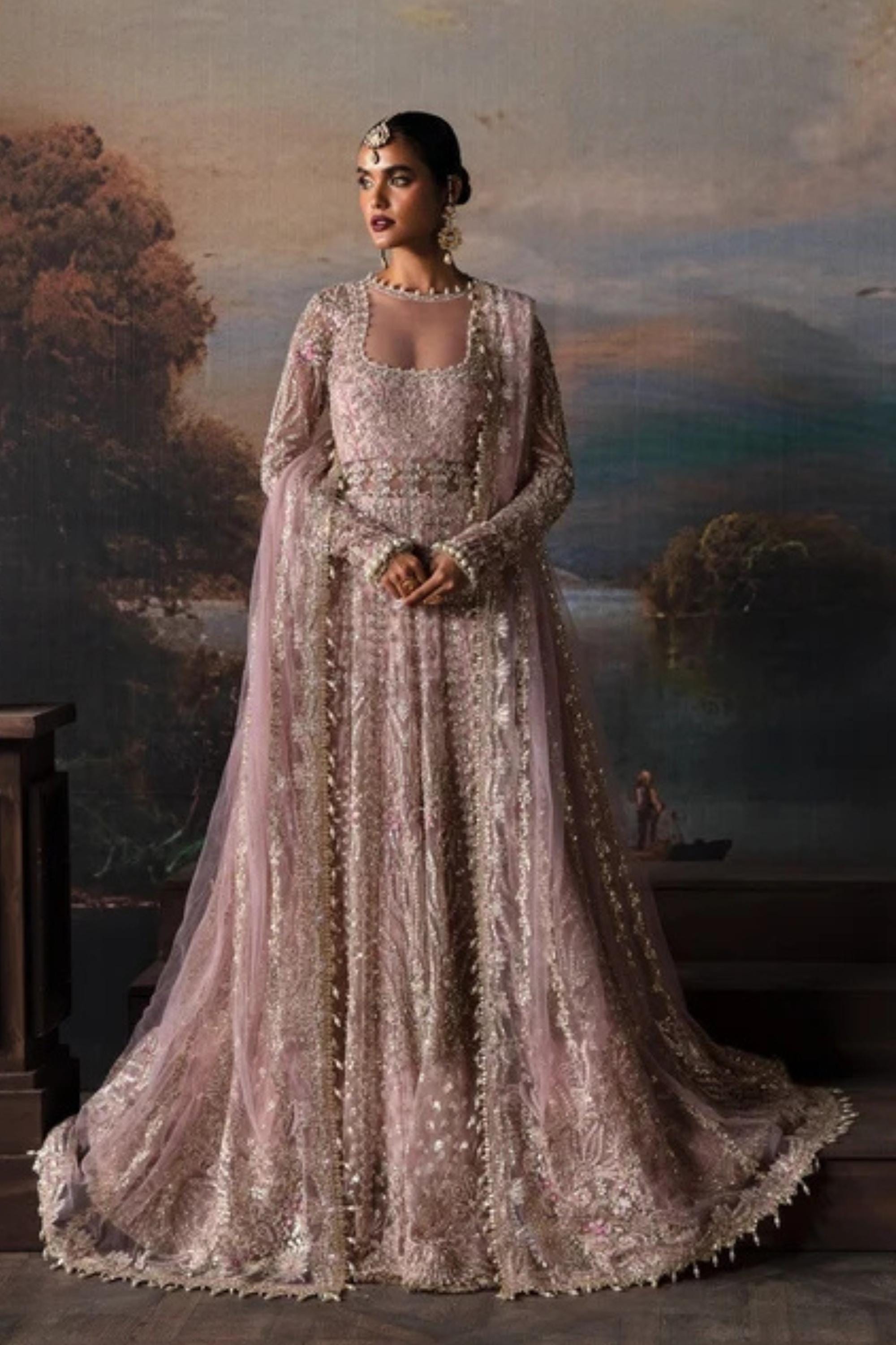 Mint Green Bridal Pishwas Hand Embellished Pakistani Wedding Dress, Embroidered Lehenga Outfit