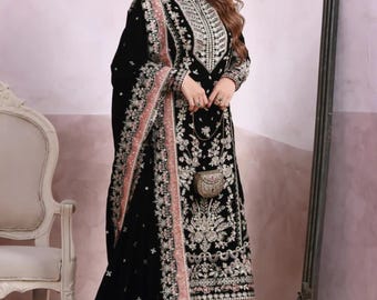 Velvet Pakistani Suit, Sequin Embroidered Salwar Kameez, Indian Wedding Outfit