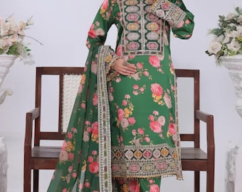 Green Charmeuse Silk Pakistani Suit, Embroidered Shalwar Kameez, Wedding Guest Outfit