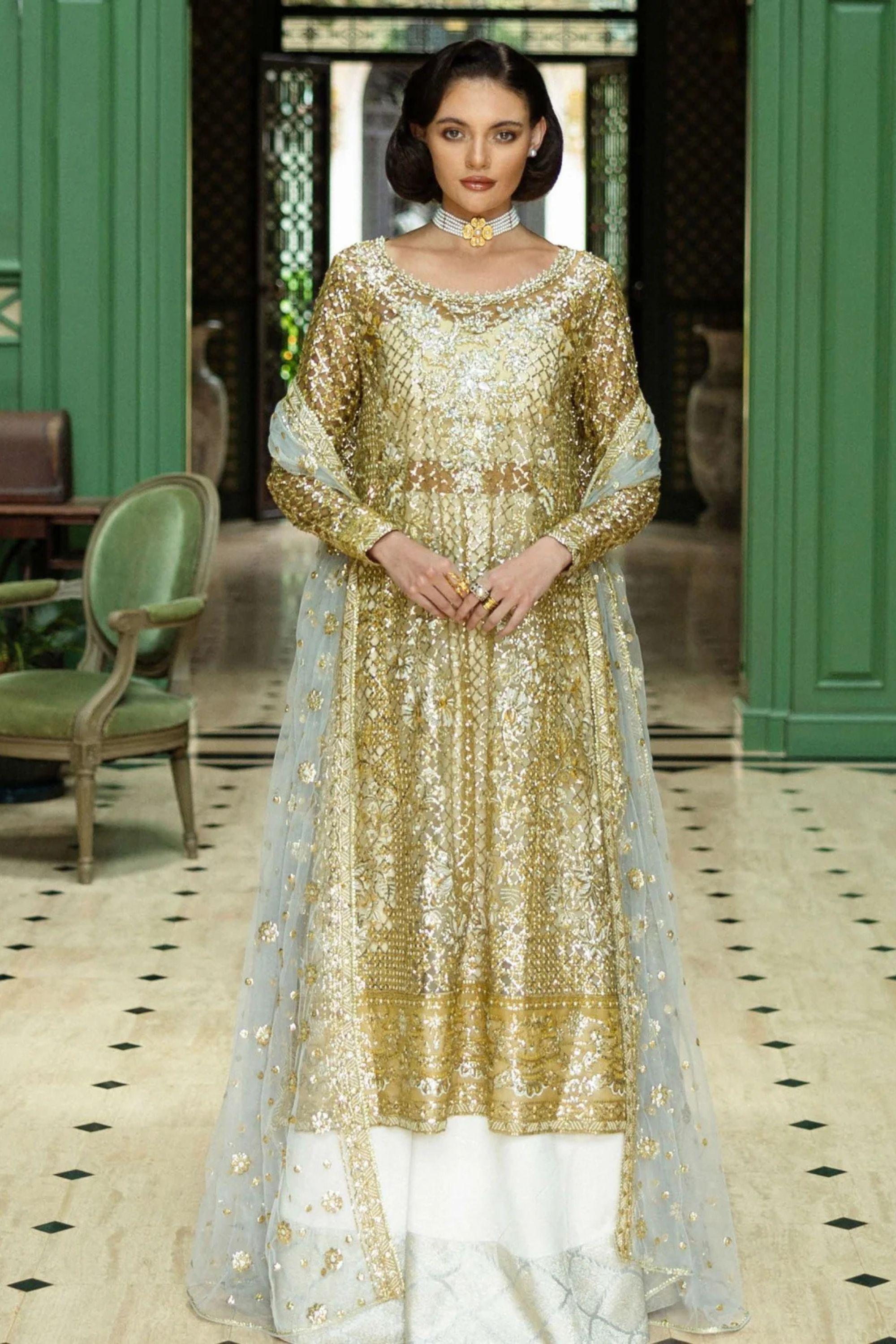 golden color dress pakistani Pakistani embroidered organza dresses in skin gold color MEDIUM