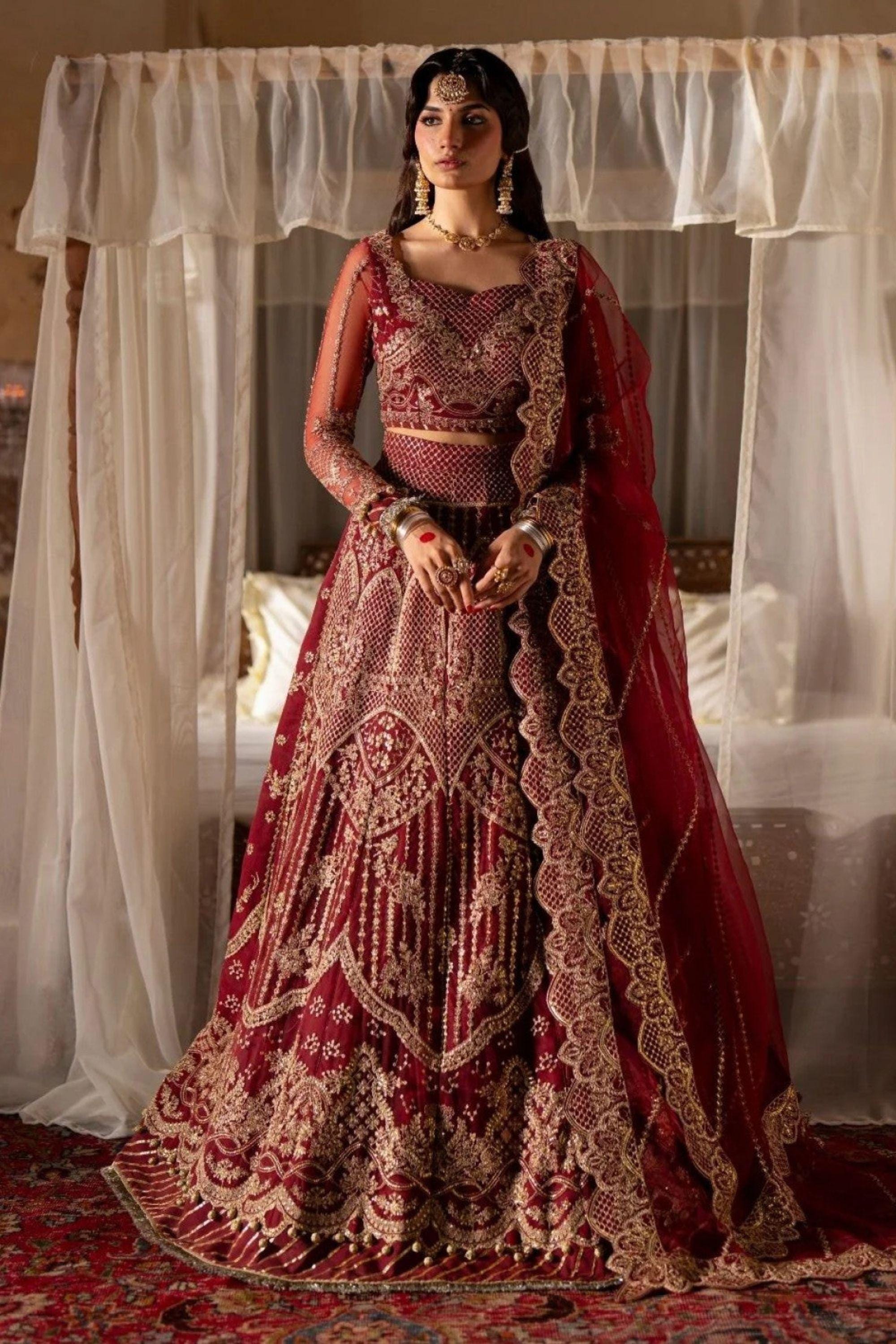 green emerald velvet dress Red Gold Lehenga Choli Pakistani Wedding Dresses – Nameera by Farooq