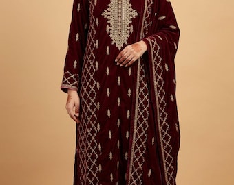 Maroon Velvet Pakistani Suit, Embroidered Shalwar Kameez, Wedding Guest Outfit