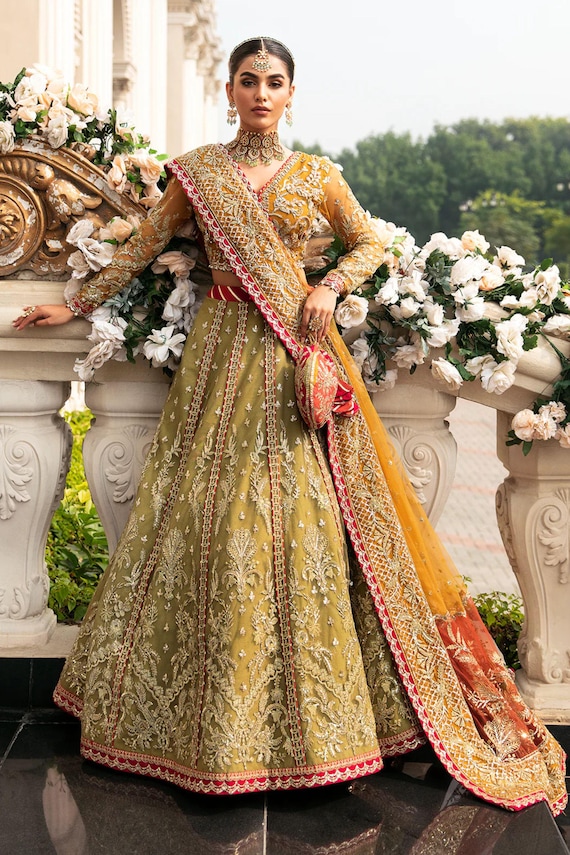 olive green bridal dresses pakistani Olive green with gold
