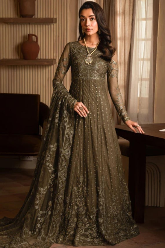 formal & gown anarkali dress Olive Green | Sequins Embroidered Pakistani Wear long anarkali dress