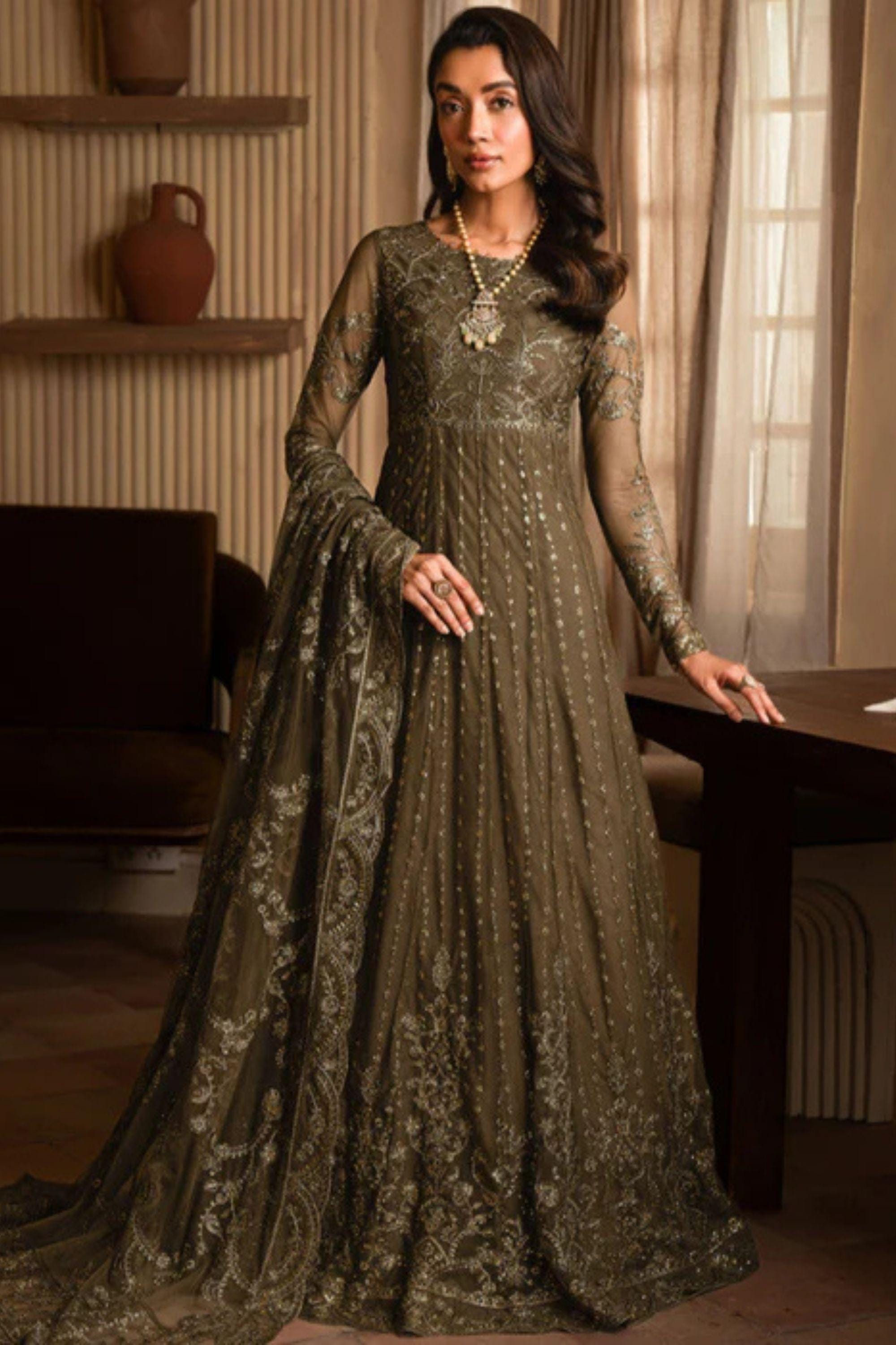 bottle green maxi dress pakistani Royal Maxi Dress Pakistani in Bottle Green Shade Online CUSTOM SIZES main image 1