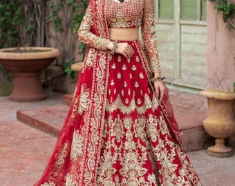 Lehenga Choli in rete rossa / Abito da sposa pakistano per Baraat con ricami elaborati