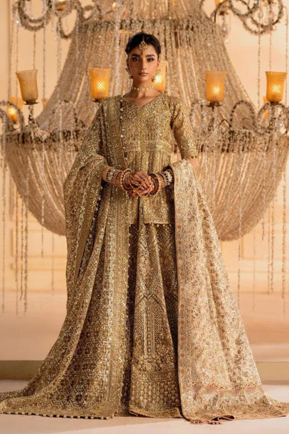 Gold Bridal Pishwas Lehenga Gown | Heavy Hand Embellished Net Suit | Pakistani Indian Wedding Dress