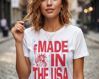 Camiseta hecha en EE. UU., camiseta patriótica con la bandera estadounidense, atuendo para el 4 de julio, camiseta con estampado de la Estatua de la Libertad, top con el orgullo de EE. UU., estilo vintage estadounidense.