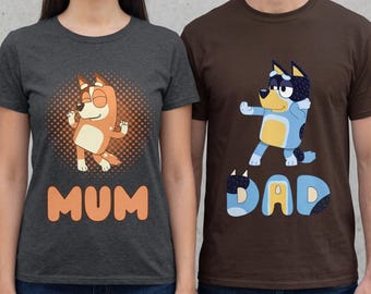 Maglietta per la famiglia Bluey, maglietta di compleanno con cane blu, maglietta per mamma e papà Bluey, maglietta personalizzata con cartoni animati per genitori, regalo carino per gli amanti dei cani blu, unisex, cotone pesante