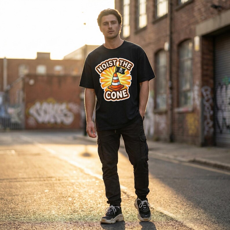 May include: Black t-shirt with the text "HOIST THE CONE" in a circular design. The graphic features a traffic cone with a pirate flag. The person is wearing black cargo pants and black and white sneakers.