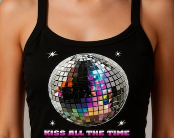 Maglietta per neonati "Kiss All The Time Disco Occasionally", canotta con palla da discoteca Y2K, maglietta per fan della musica pop, canotta da club retrò, canotta a coste da donna