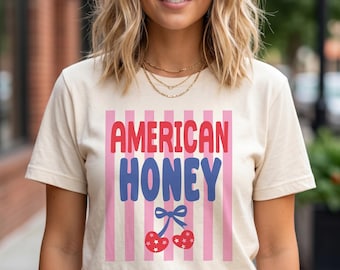 Camiseta American Honey, camiseta patriótica Coquette, camiseta del 4 de julio, camiseta gráfica vintage de EE. UU., Soft Bella Canvas 3001, top de estética retro.