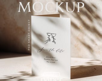 5x7 Folded Card Mockup, Standing Vertical Invitation Mockup, Portrait Greeting Card PSD, Stationery Mockup, Realistic Paper Texture Mock Up