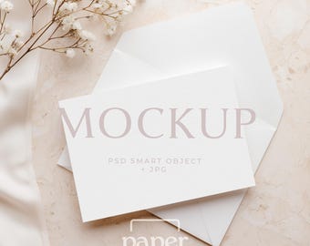 Horizontal 5x7 Card Mockup with Envelope, Elegant Invitation Display (PSD Smart Object, JPG)