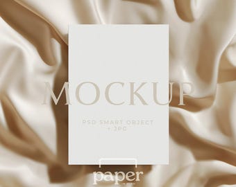 Modern Vertical 5x7 Card Mockup PSD, Flatlay Invitation, Boho Neutral Tones, Champagne Silk Background