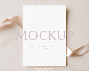 Simple Invitation Mockup, 5x7 Card with Satin Ribbon, Greeting Card Display (Digital PSD, JPG)