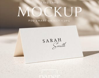 Tent Fold Card Mockup, 3.5x2 Folded Place Card Display, Wedding Stationery (PSD, JPG)