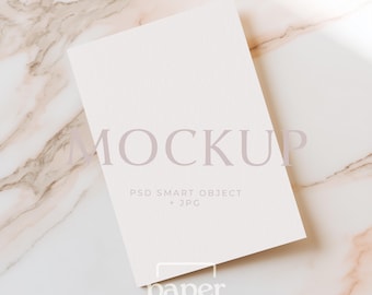 5x7 Card Mockup, Boho Minimalist Invitation Display, Greeting Card, Marble Background (Digital PSD, JPG)