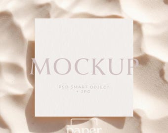 Square Card Mockup 6x6, Minimalist Invitation Flatlay, Neutral Greeting Card Template, PSD Smart Object & JPG, Stationery Branding Mockup