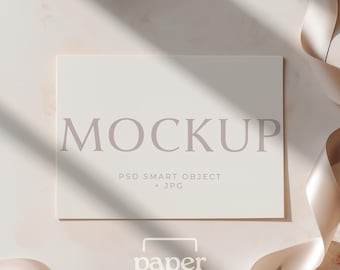 Horizontal 5x7 Card Mockup PSD, Landscape Flatlay Card / Invitation Mock Up with Satin Ribbon