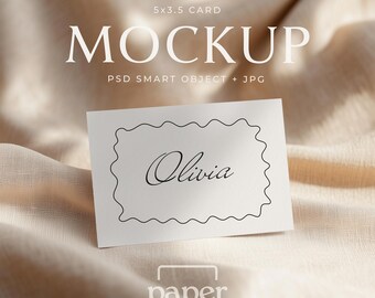 Place Card Mockup PSD, 5x3.5 Horizontal RSVP Card on Natural Linen, Digital Download