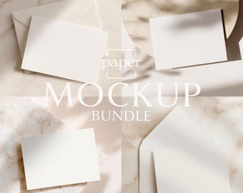 5x7 Horizontal Card Mockup Bundle, Set of 4 Landscape Invitation PSD Mock-ups, Flat Lay Greeting Card with White Envelope Template