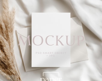 Elegant 5x7 Card Mockup, Neutral Tones Modern Boho Invitation, Wedding Stationery Mockup (Digital PSD Smart Object, JPG)