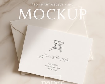 Modern 5x7 Invite Card Mockup, Horizontal Greeting Card Display with Envelope - Simple, Minimal PSD